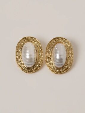 New! Gold-Tone Oval Pearl Earrings